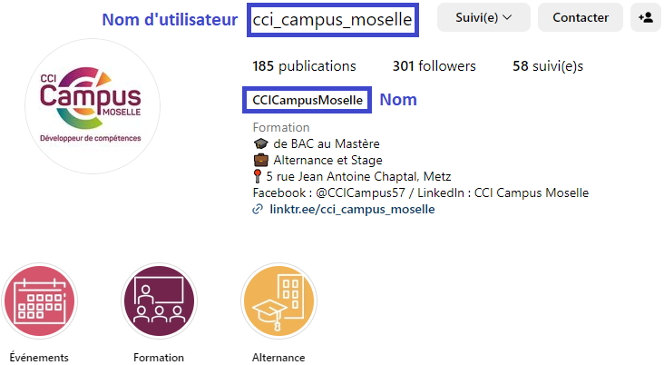 Bio du compte Instagram professionnel de CCI Campus Moselle.